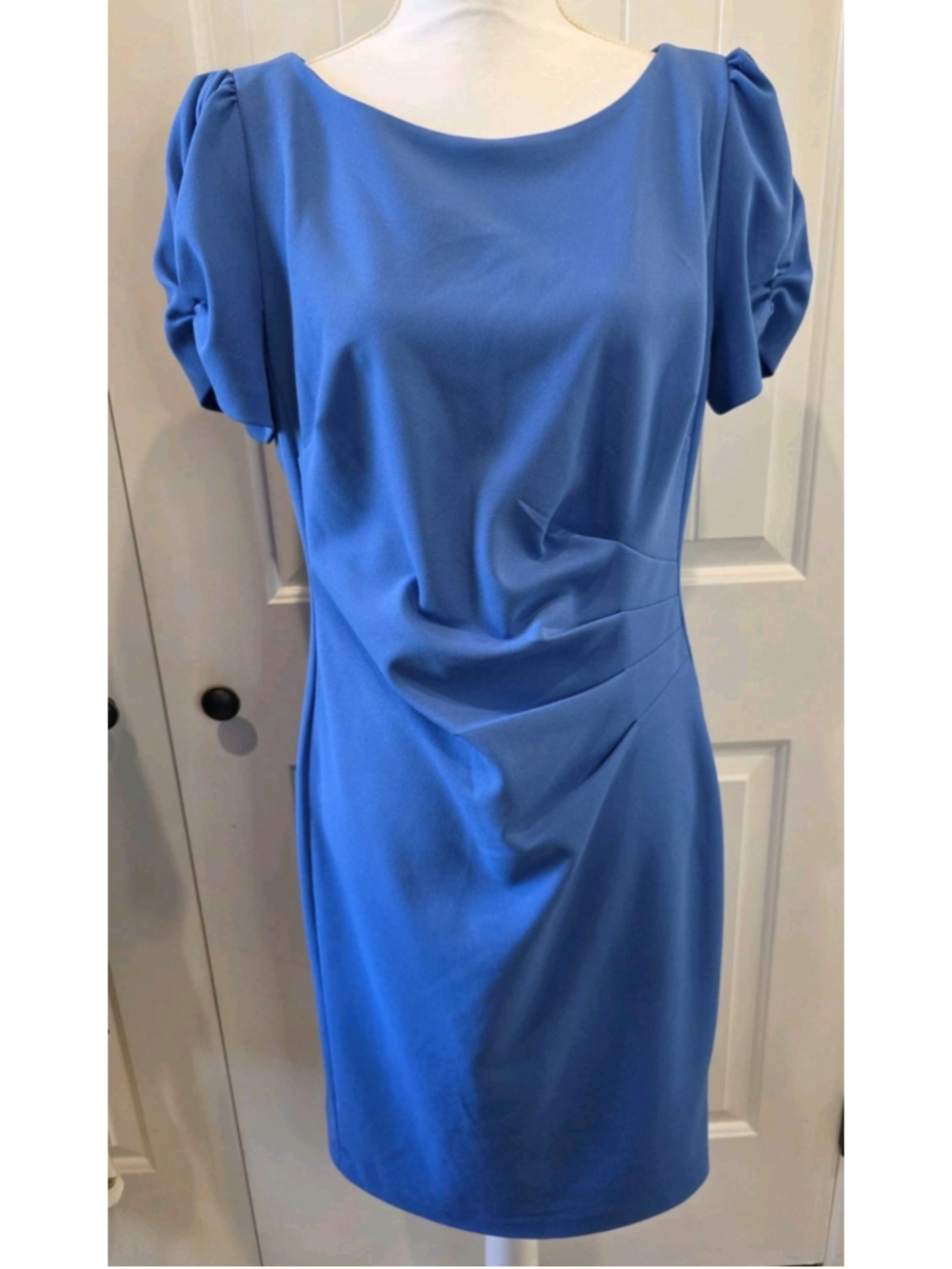 Karl Lagerfeld Womens Short Ruched Sleeve Jewel Blue Neck Sheath Dress Size 12 - Picture 4 of 12